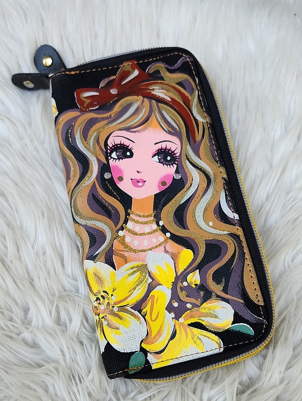 HAND-PAINTED BIG EYE GIRL CANVAS ZIP-AROUND WALLET